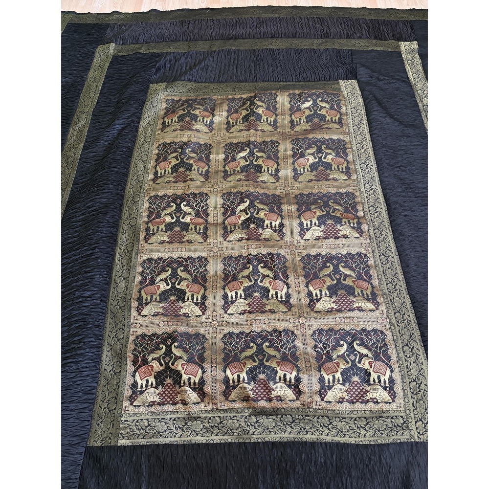 Indian Elephant Quilt Bedspread 102x88 Black Gold Silk Look Throw Decor Boho - Picture 5 of 12